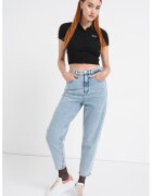 Tommy Jeans Pulover crop striat cu decolteu polo - Negru