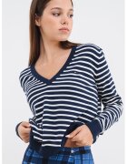 Tommy Jeans Pulover din bumbac organic cu decolteu in V - Alb/Bleumarin