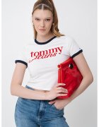 Tommy Jeans Tricou crop slim fit cu imprimeu logo - Rosu vermillion/Alb murdar/Bleumarin