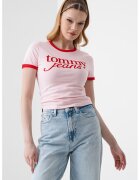 Tommy Jeans Tricou crop slim fit cu imprimeu logo - Roz pastel/Rosu vermillion