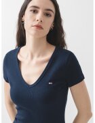Tommy Jeans Tricou striat cu decolteu in V - Bleumarin inchis