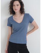 Tommy Jeans Tricou striat cu decolteu in V - Gri carbune