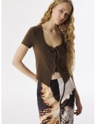 TWIST Bluza cu decolteu rotund - maneci scurte si snururi - Maro