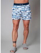 uFIT Pantaloni scurti de baie cu snur de ajustare si imprimeu tropical - Negru/Alb optic/Albastru