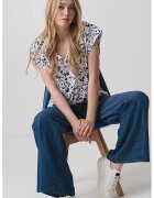 United Colors Of Benetton Tricou cu model floral si decolteu in V - Alb/Negru