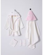 US Polo Assn Set de papuci de casa - halat de baie cu gluga si prosop - 4 Piese - Roz pastel/Alb murdar