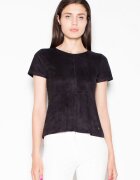 Venaton Bluza dama - neagra - cu maneci scurte din piele intoarsa - fermoar decorativ auriu