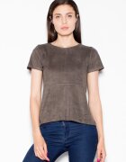 Venaton Tricou dama verde - piele intoarsa - decolteu semicircular - fermoar decorativ