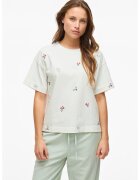 Vila Tricou cu decolteu rotund si flori brodate - Alb