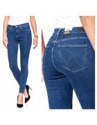 Wrangler Blugi Dama - Skinny Cu Talie Inalta - W24-L32 US - Bumbac - Zipper - Lung - 5 Buzunare 2 Mari 2 Medii Externe 1 Mic Intern - Talie Inalta - Albastru
