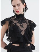 ZIMMERMANN Bluza crop cu volane - maneci scurte si insertii de dantela - Negru/Transparent