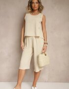 ab. ambitonfly Compleu Bej deschis Pantaloni 3/4 Lejeri și Tricou fără mâneci Decorat cu nasturi Ravione