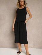 ab. ambitonfly Set Negru Pantaloni 3/4 Larghi și Bluză fără mâneci Decorată cu Nasturi Ravione