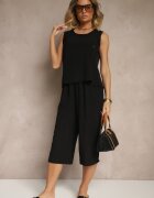 ab. ambitonfly Set Negru Pantaloni 3/4 Larghi și Bluză fără mâneci Decorată cu Nasturi Ravione