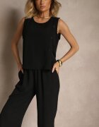 ab. ambitonfly Set Negru Pantaloni 3/4 Larghi și Bluză fără mâneci Decorată cu Nasturi Ravione