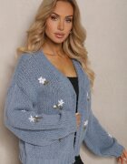 acajo Cardigan Albastru cu Aplicații Florale cu Închidere cu o Agrafă Elegantă Patista