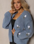 acajo Cardigan Albastru cu Aplicații Florale cu Închidere cu o Agrafă Elegantă Patista