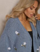 acajo Cardigan Albastru cu Aplicații Florale cu Închidere cu o Agrafă Elegantă Patista