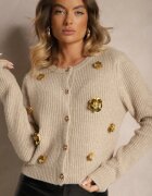 acajo Cardigan Bej cu lână cu nasturi cu flori 3D Zemisya