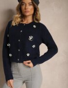 acajo Cardigan bleumarin cu adaos de lână cu nasturi cu flori 3D Zemisya