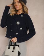 acajo Cardigan bleumarin cu adaos de lână cu nasturi cu flori 3D Zemisya