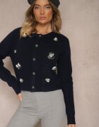 acajo Cardigan bleumarin cu adaos de lână cu nasturi cu flori 3D Zemisya