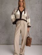 acajo Cardigan cu lână vâscoză și bumbac cu eșarfă decorativă la gât Rosalindda Bej