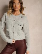 acajo Cardigan Gri cu adaos de lână cu nasturi cu flori 3D Zemisya