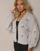 acajo Cardigan Gri cu Aplicații Florale cu Închidere cu Agrafa Elegantă Patista