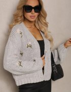 acajo Cardigan Gri cu Aplicații Florale cu Închidere cu Agrafa Elegantă Patista