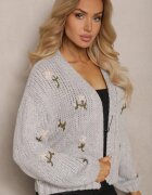 acajo Cardigan Gri cu Aplicații Florale cu Închidere cu Agrafa Elegantă Patista