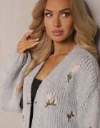 acajo Cardigan Gri cu Aplicații Florale cu Închidere cu Agrafa Elegantă Patista