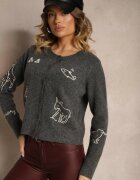 acajo Cardigan Gri din Lână cu nasturi cu Model Brodat Nelyra