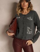 acajo Cardigan Gri din Lână cu nasturi cu Model Brodat Nelyra