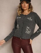 acajo Cardigan Gri din Lână cu nasturi cu Model Brodat Nelyra