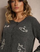 acajo Cardigan Gri din Lână cu nasturi cu Model Brodat Nelyra