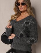 acajo Cardigan Gri închis cu nasturi cu model brodat Linelith