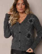 acajo Cardigan Gri închis cu nasturi cu model brodat Linelith