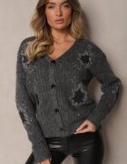 acajo Cardigan Gri închis cu nasturi cu model brodat Linelith