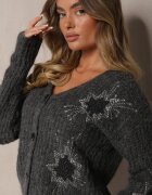 acajo Cardigan Gri închis cu nasturi cu model brodat Linelith