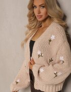 acajo Cardigan Maro cu Aplicații Florale cu Agrafa Elegantă Patista