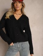 acajo Cardigan Negru Croi Oversize cu Nasturi și Imprimeuri Decorative Palabia