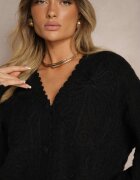 acajo Cardigan Negru Croi Oversize cu Nasturi și Imprimeuri Decorative Palabia