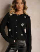 acajo Cardigan Negru cu adaos de lână cu nasturi cu flori 3D Zemisya