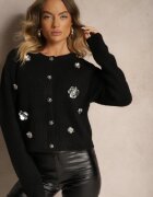 acajo Cardigan Negru cu adaos de lână cu nasturi cu flori 3D Zemisya