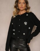 acajo Cardigan Negru cu adaos de lână cu nasturi cu flori 3D Zemisya