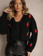 acajo Cardigan Scurt Negru Fără închidere Decorat cu Aplicații cu Căpșuni Invalina