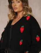 acajo Cardigan Scurt Negru Fără închidere Decorat cu Aplicații cu Căpșuni Invalina