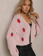 acajo Cardigan Scurt Roz Fără Închidere Decorat cu Aplicații cu Căpșuni Invalina