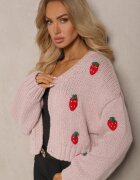 acajo Cardigan Scurt Roz Fără Închidere Decorat cu Aplicații cu Căpșuni Invalina